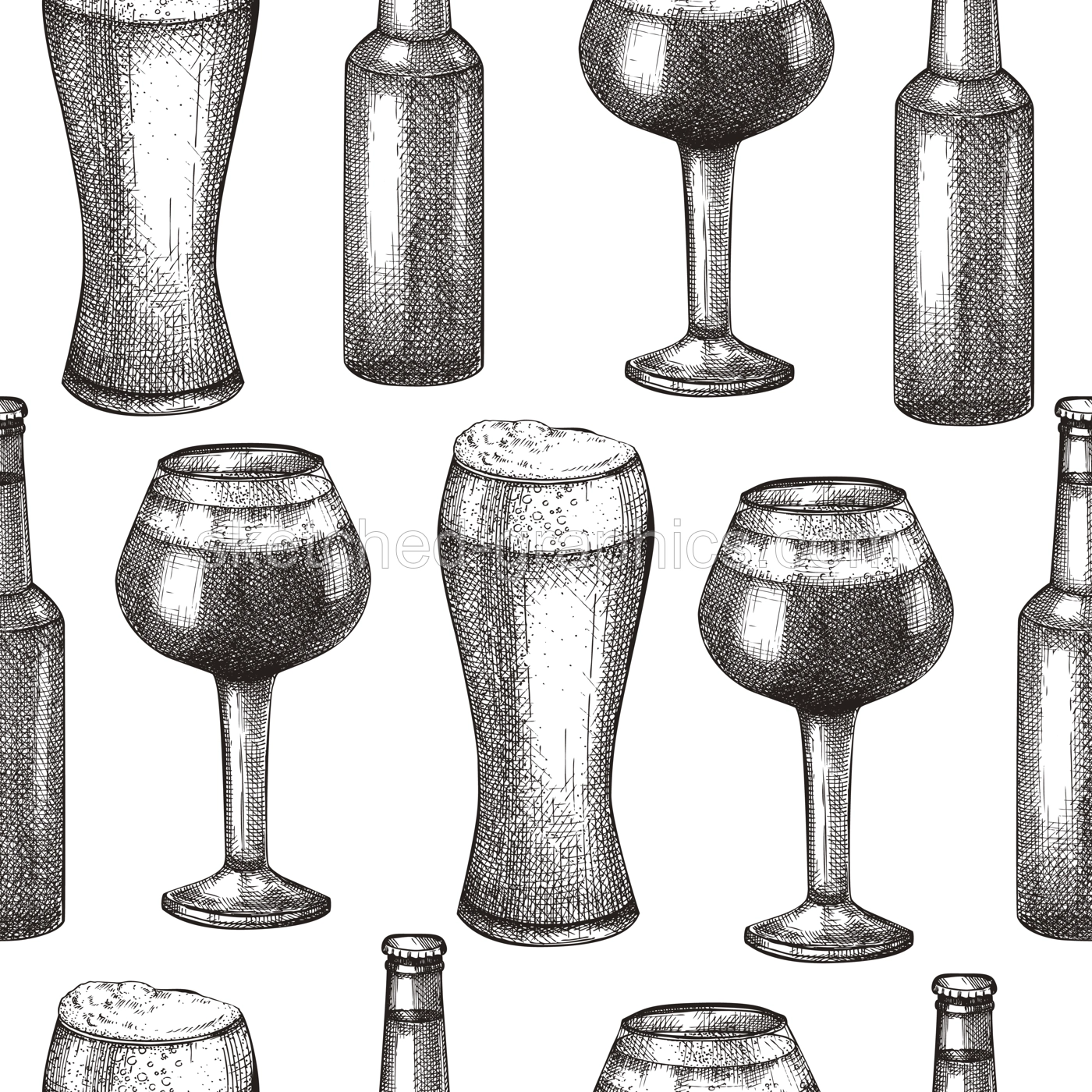 Sketched beer background in vintage style. Vector seamless pattern with beer glasses and bottle for pub, bar. Black and white backdrop for bar or restaurant menu design, packaging, textile. Illustration